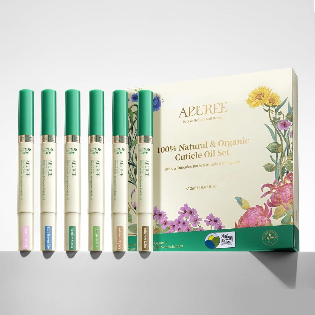 APUREE Organic Cuticle Oil Set (6pcs) | 100% Bio-Based | For Nail Dermatitis & Cracked Cuticles | USDA Verified | Hexane Free | Vegan (Green)