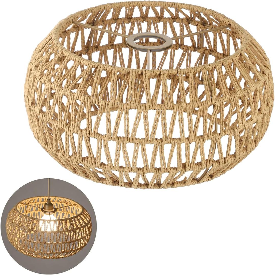 Rattan Lamp Shade, Retro Farmhouse Wicker Lampshade Replacement, 12.6" D×6.7" H Large Round Woven Lamp Shade for Floor Light, Pendant Light, Chandelier, Drum Shade