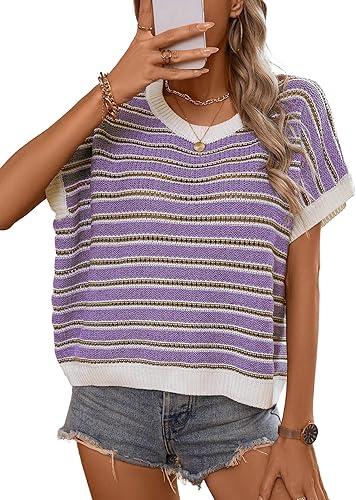 RICHSTORY Womens Tops Trendy Sleeveless Round Neck Sweater Vest Loose Summer Cap Sleeve Tank Tops Lightweight Striped Hollow Out Knit Pullover Sweaters Purple XX-Large