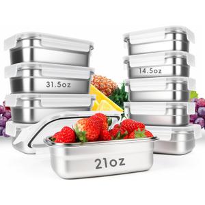 10PCS 304 Stainless Steel Food Storage Containers with Airtight Leakproof Lids, Stackable Bento Lunch Box for Meal Prep, Reusable Metal Containers, Oven/Dishwasher/Freezer Safe(31.5/21/14 Oz)