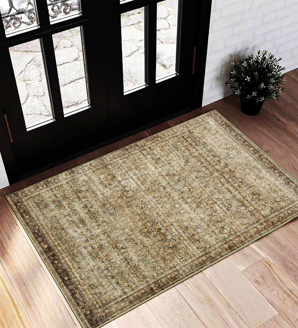 Area Rug 2x3 Washable Rug Door Mat Vintage Distressed Taupe Doormat Indoor Entrance Traditional Thin Floral Print Non Slip Carpet for Kitchen Bathroom Bedroom Living Room (Green and Brown)