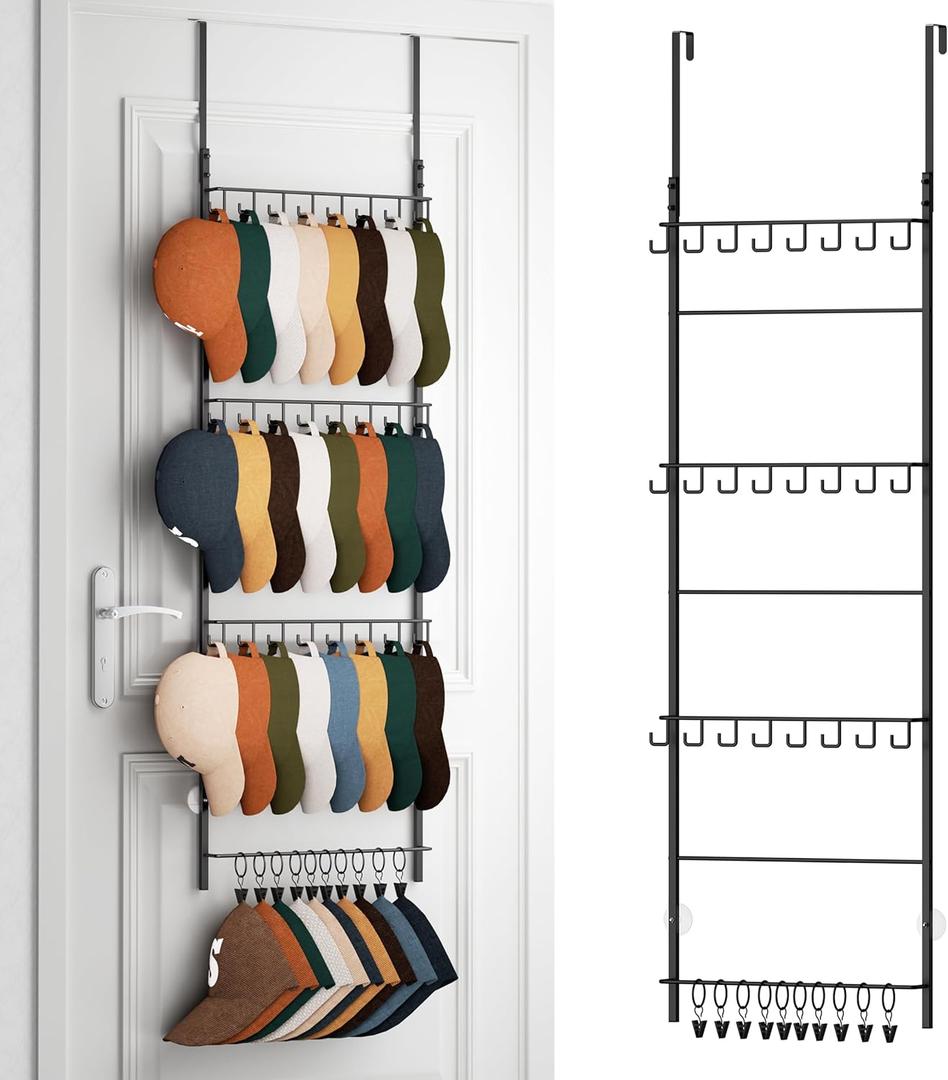 HapiRm Over the Door Hat Organizer - 4 Tier Wall Mounted Hat Rack with 24 Hooks and 10 Movable Clips, Hanging Baseball Cap Organizer Storage Holds to 34 Caps for Door, Bedroom, Closet (Black)