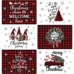 Set of 6 Buffalo Plaid Christmas Placemats 17 x 12'' Red and Black Plaid Placemats Plastic Table Mats Wipeable Washable Vinyl Table Mats for Kitchen Xmas Holiday Dining Party Home Decor Gift