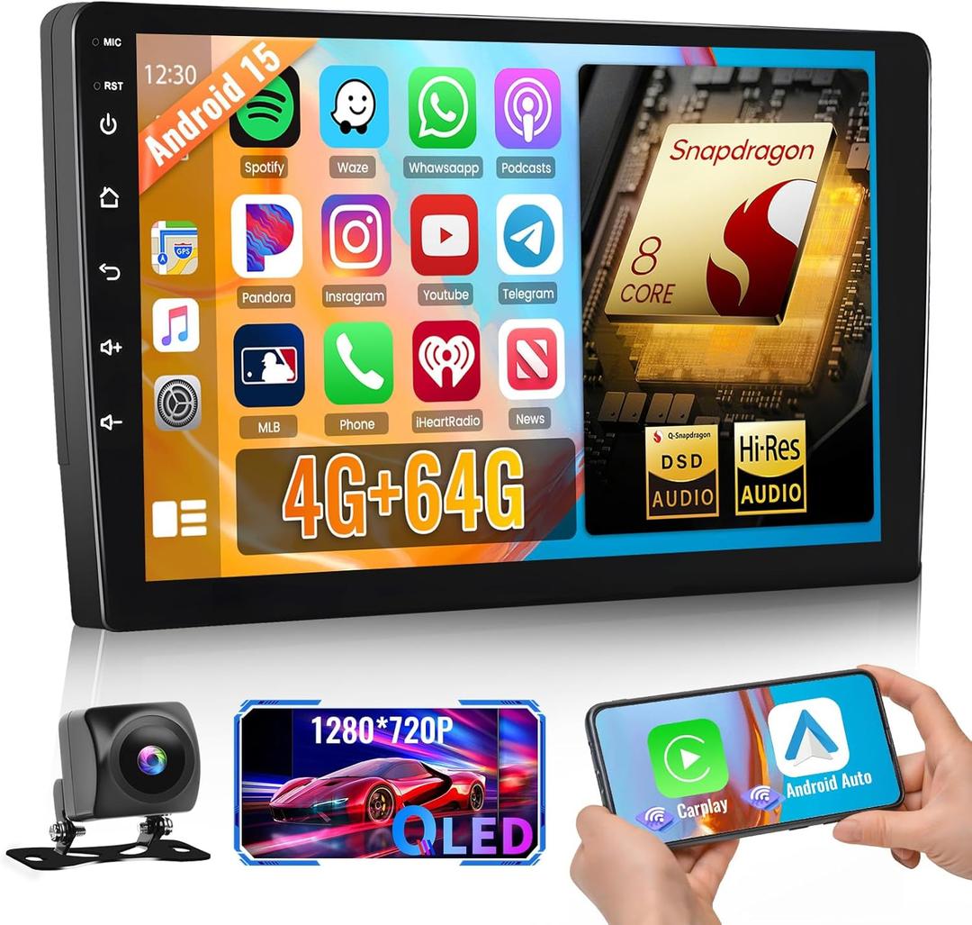 Qualcomn Chipset 8 Core 4+64GB Android Car Stereo Double Din 10 Inch Touch Screen Carplay Android Auto Radio DSP Hi-Res Picture in Picture+AHD Backup Camera Voice Assistant