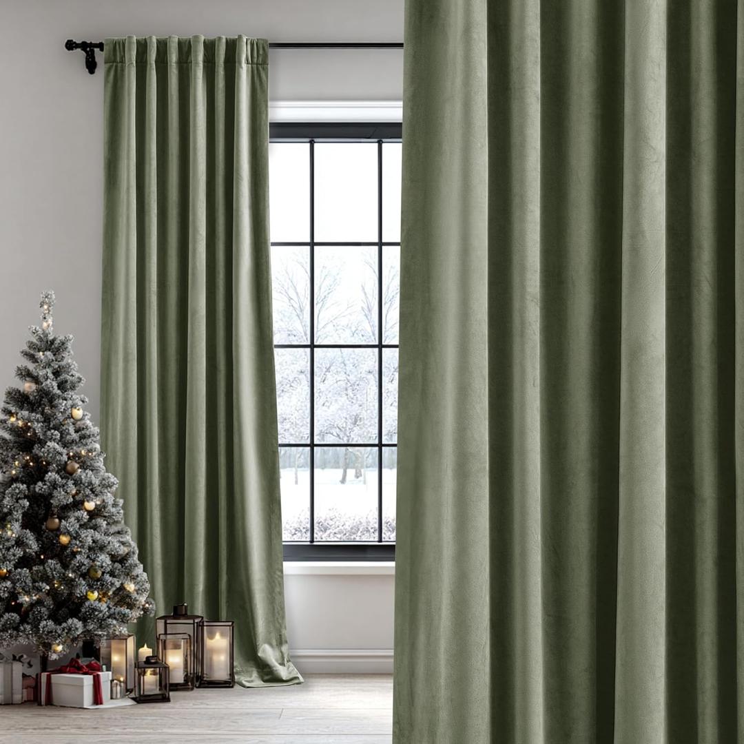 StangH Sage Green Curtains 96 inches Long for Living Room, Two-Layer Blackout Velvet Window Drapes Thick Thermal Insulated Panels for Nursery Kids Bedroom, W48 x L96, 1 Panel
