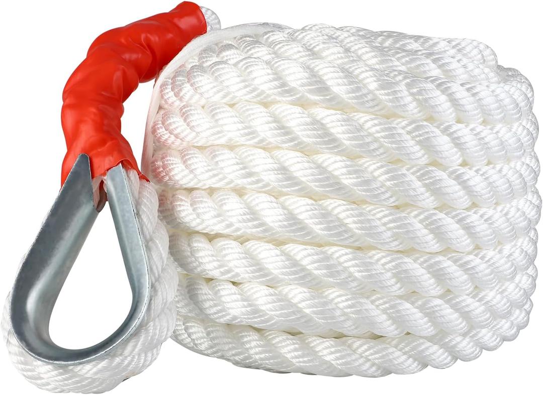 3/4" x 50 Feet Anchor Rope, Polypropylene Docking Dockline Boat/Sailboat/Mooring/Pull Lines with Thimble, 12592LB Breaking Strain
