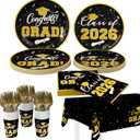 Tbsone Class of 2026 Graduation Plates and Napkins Set Black and Gold Disposable Tableware for 25 Guests, Includes Plates, Napkins, Cups, Forks and Tablecloth Party Decorations Supplies (126 PCS)