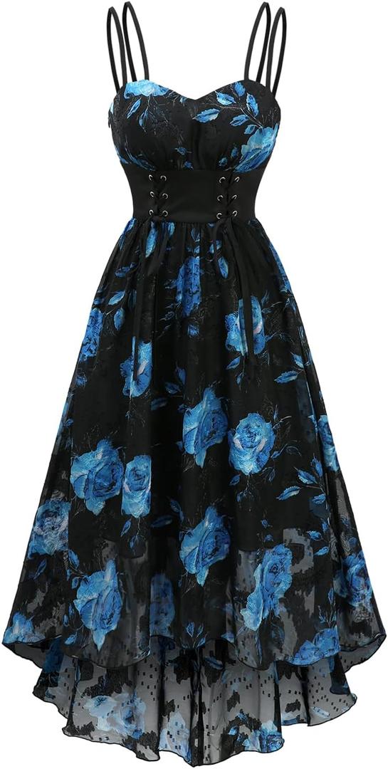 DRESSFO Women's Vintage Sundress Cottagecore Rose Flower Leaf Printed Lace Up Chiffon Tank Cami Dress (Black, XL)
