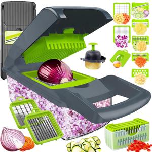 Vegetable Chopper Dicer with Container | Cheese Grater Mandoline Slicer Cabbage Shredder French Fry Cutter Stainless Steel for Veggie Onion Potato Fruit Food, Manual Hand Cooking Gadget for Kitchen (8 Blades, Gray)