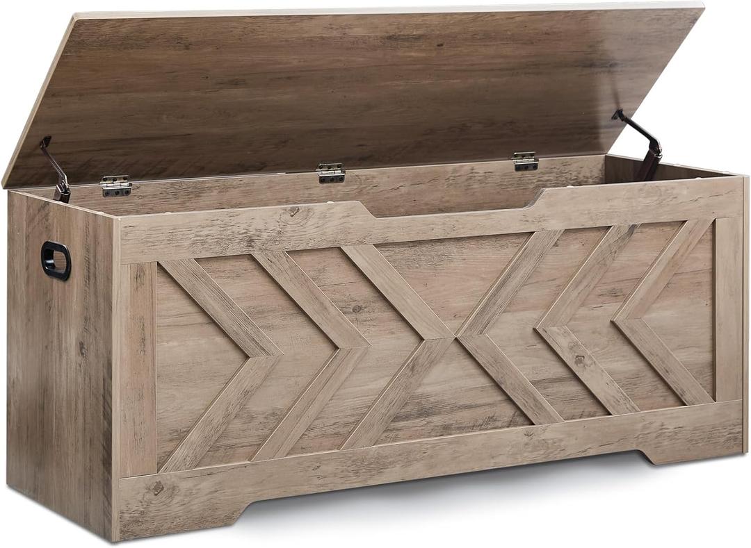 47.2 Storage Bench,Extra Large Wooden Storage Chest with 2 Safety Hinges,entryway Bench,Blanket Storage,Shoe Storage Bench for Entryway,Bedroom,Living Room,Easy Assembly.-Greige