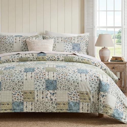 Cozaline Blue Floral Duvet Cover Set Full Size 100% Cotton Botanical Patchwork Vintage Bedding Quilt Cover All Season 3 Pieces Soft Lightweight Comforter Cover