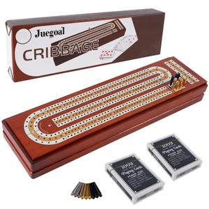 Juegoal Upgrade Wood Cribbage Board Game Set, Solid Wooden Continuous 3 Track Board with Larger Storage Area, 9 Metal Pegs and 2 Decks of Playing Cards, Travel Portable Cribbage Game Sets
