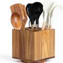 Acacia Wood Extra Large Rotating Utensil Holder for Kitchen Counter, Wooden Utensil Holder with 4 Compartments