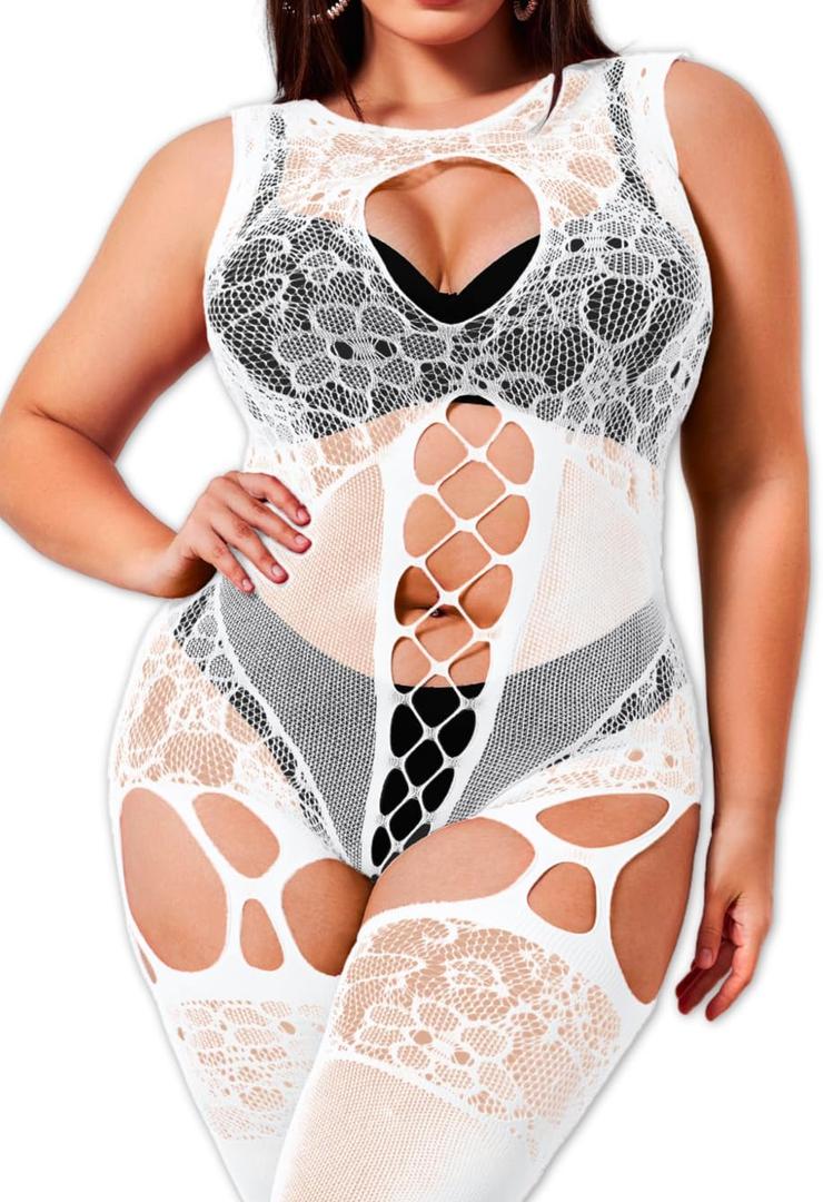 Plus Size Body Stockings For Women Curvy BBW, Exotic Dancer Lingerie Outfits, Full Sexy Fishnet Bodysuit Rave Party (White)