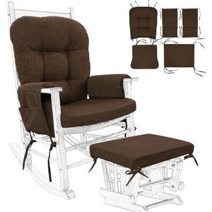 BUYUE Glider Rocker Replacement Cushion 5 PCS with Ties, Linen High-Density Foam Non-Slip & Washable Rocking Chair Pads for Sitting, Chocolate