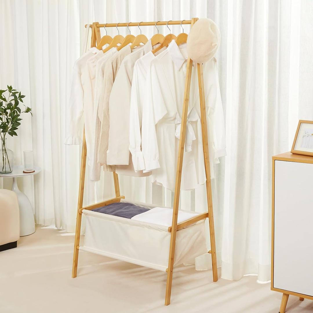 Bamboo Clothes Rack with Storage Box, Garment Holder Clothing Stand for Hanging Coat, Foldable Wardrobe Organizer for Entryway and Bed Room (Natural) (Natural)
