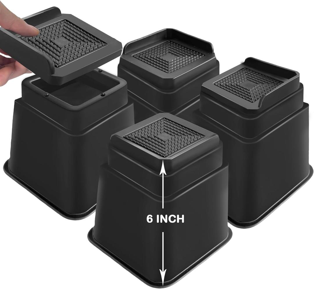shouwuhho Bed Risers 1 inch, 2 inch, 3 inch, 4 inch, 6 inch, 9 inch Heavy Duty, Oversized Furniture Risers Support up to 5,000 Lbs for Sofa Table Couch Chair Leg Frame Dorm (4 Pack, Black, 6 inch)