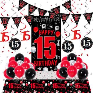 15th Birthday Decorations for Boys Girls, Red Black Happy 15th Birthday Decorations Boy Girl, Happy 15 Bday Banner Backdrop Balloons Tablecover Triangle Flag, 15 Year Old Boy Bday Party Supplies Decor
