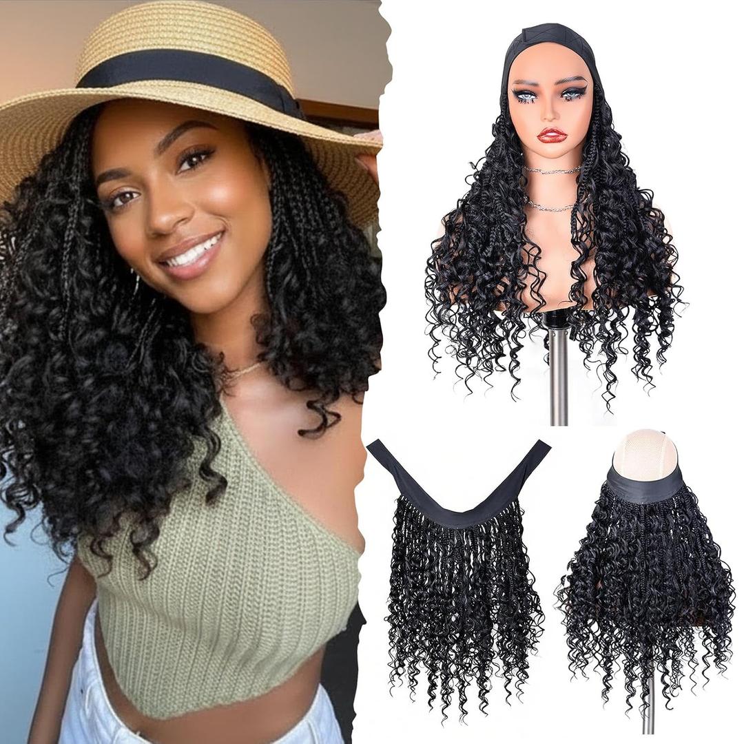 Headband Soft Box Braids, Add Loose curls in the Middle and Ends, More Fluffy and Full Boho Box Braids To Be Worn with a Hat for Women Glueless(18" 1B#)