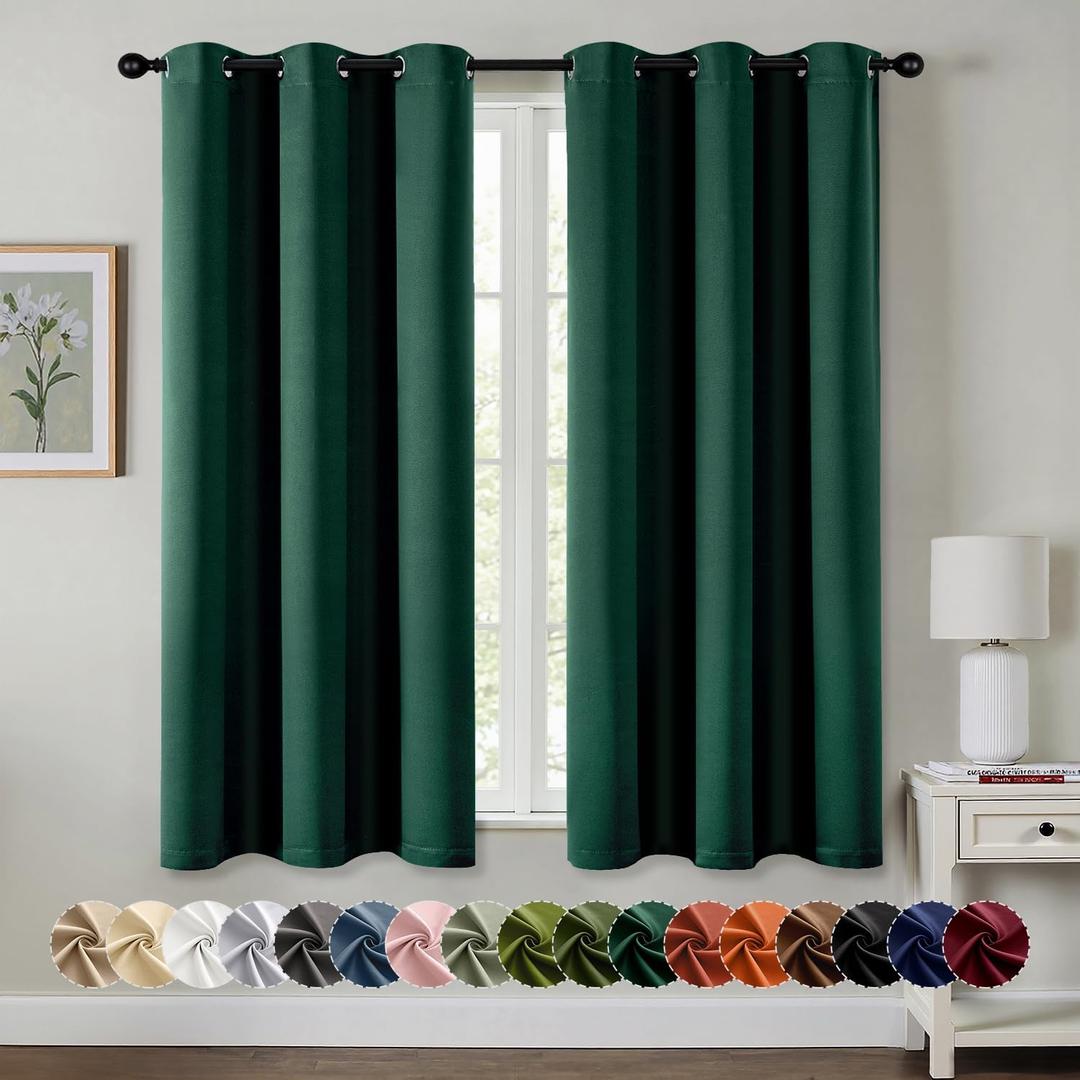 MIULEE Hunter Green Blackout Curtains for Bedroom Living Room 63 Inches Long 2 Panels, Thermal Insulated Room Darkening Drapes Grommet Noise Reducing Light Blocking Window Treatments 40x63 Inch