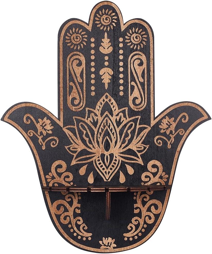 CREATCABIN Hamsa Crystal Display Shelf Hamsa Hand Wooden Wall Decor Crystal Holder Shelves Lotus Wall Mounted Floating Shelf Stand for Witch Stuff Altar Supplies Spiritual Gift Black 9.8 x 11.8Inch
