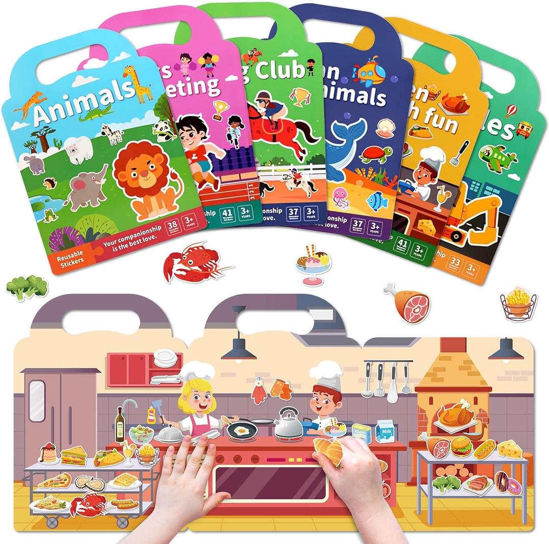 Lerifer 6 Sets Reusable Jelly Sticker Books for Toddlers 1-3, Sticker Books for Toddlers 2-4 Years, Toddler Travel Toys Activity Book, Encourages Creativity, Focus, and Fine Motor Skills