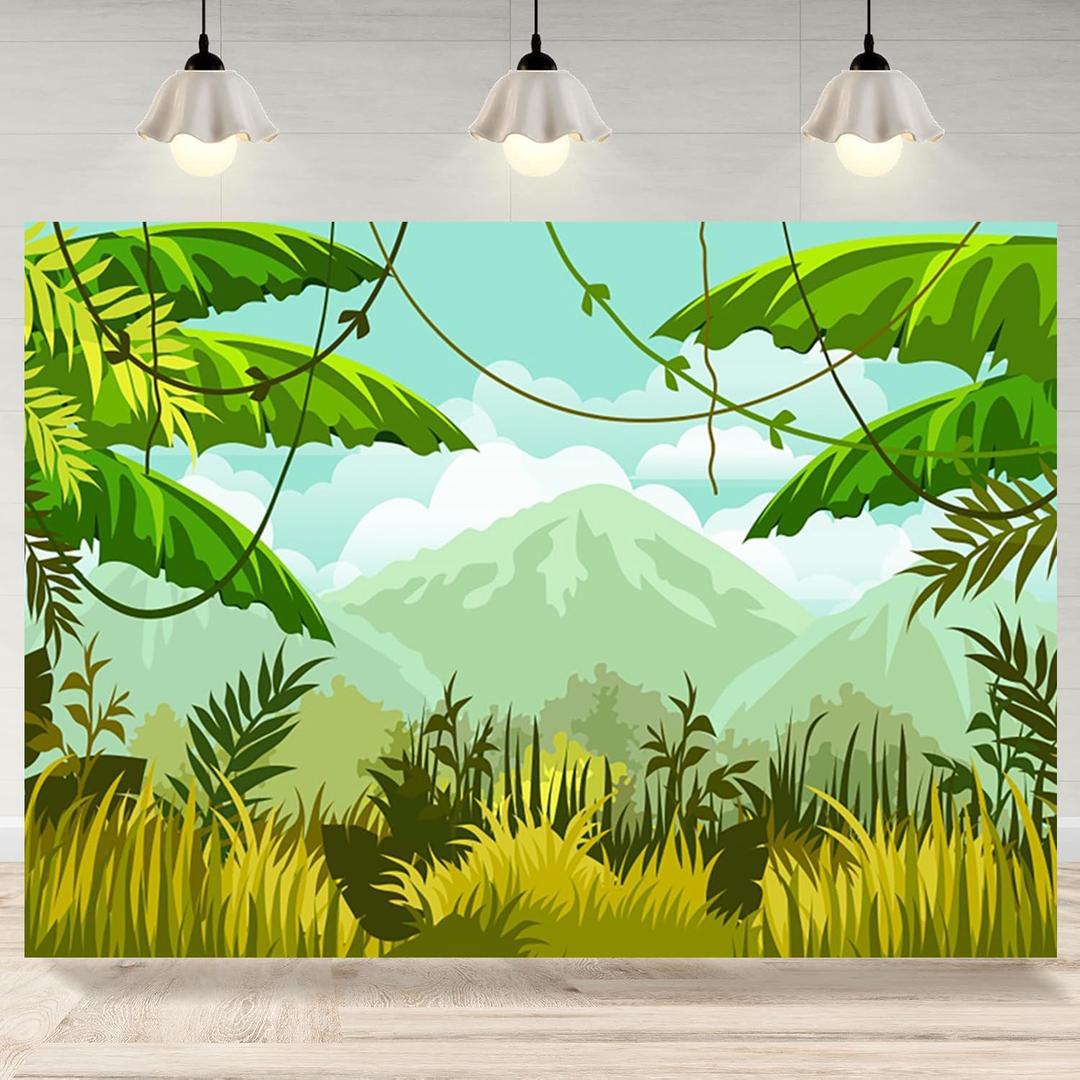 5x3ft Safari Backdrop Cartoon Jungle Green Spring Forest Photography Background Safari Themed Birthday Party Banner Decorations Baby Shower Kids Portrait Photo Booth Props