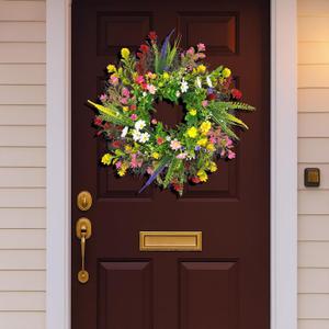 Artificial Flower Wreath 20 Inch Front Door Wreath Colorful Wildflowers Greenery for Indoor Outdoor Wall Window Farmhouse Rustic Spring Summer Wedding Party Festival Home Decor