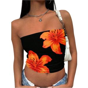 SweatyRocks Women's Y2k Floral Tube Tops Strapless Bandeau Cropped Tops Shirts Clubwear (S)