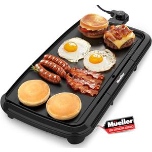 Mueller HealthyBites 20-inch Electric Griddle, Cool-Touch Handles, Slide-Out Drip Tray for Breakfast Pancakes, Burgers, and Eggs, Eco-Friendly Pancake Grill, 10 Eggs at Once, Nonstick & Teflon-Free
