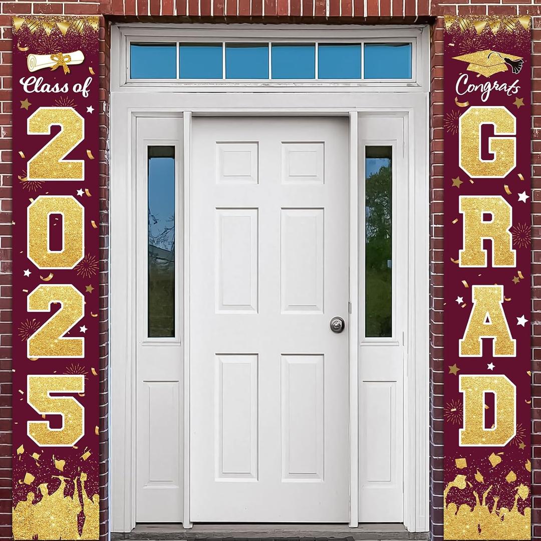 2025 Graduation Party Decorations - Maroon Gold Class of 2025 Congrats Grad Porch Sign Banner Hanging Flag Graduation Party Supplies for School College Classroom Decor