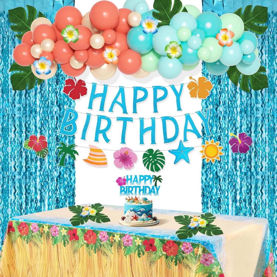 Summer Tropical Birthday Party Decorations, Beach Theme Party Supplies with Table Cloth, Happy Birthday Banner, Aloha Hawaiian Luau Balloons, Foil Fringe Curtains, Hibiscus Palm Leaves, Cake Toppers