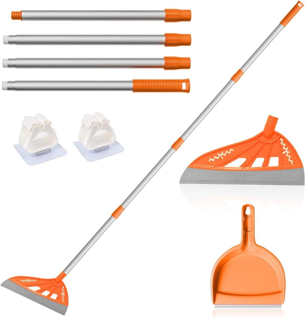 Magic Air Broom with Dustpan, Household Silicone Broom, Multifunction Squeegee and Fixed Scraper, MagicBroom with Extra-Long Adjustable Aluminum Handle for Floor, Glass, and Tile (Orange)
