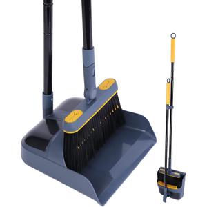 JEHONN Broom and Dustpan Set for Home, 54 Inches Long Handle Lightweight 180 Degree Rotating Indoor Upright Standing Dust Pan with Comb Teeth, Store Sweep Set for Room Kitchen Lobby Office (Dark Blue and Yellow)