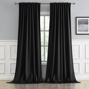 DUALIFE Black Blackout Curtains 105 Inch Long for Living Room, Back Tab and Rod Pocket, Thermal Insulated Room Darkening Drapes for Living Room, 2 Panels 52W x 105L