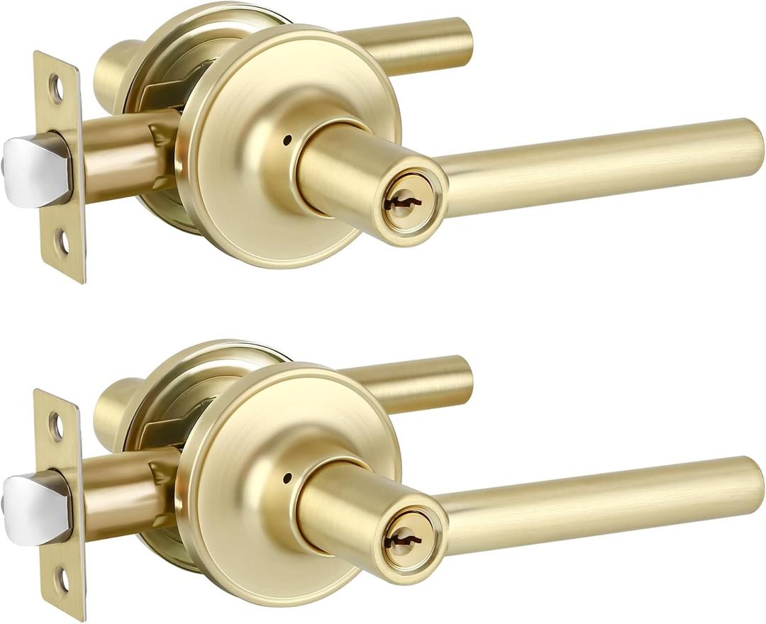2 Pack Satin Brass Entry Door Handle, Keyed Alike Entry Door Handles with Lock Gold Door Lever, Outdoor/Indoor Entrance Use Reversible for Right & Left Sided Doors