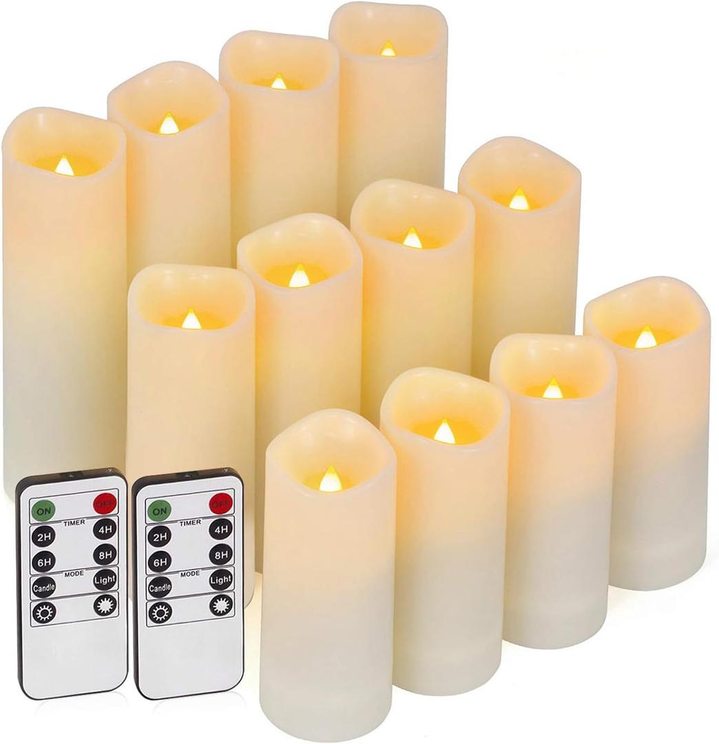 Enido 12 Pc Flameless LED Candles with Remote & Timer, Outdoor Waterproof, Flickering Electric Warm Lights for Cozy Home & Holiday Romantic Decor, Battery Operated (D 2.2 x H 4/5/6 (Ivory White)