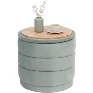 B FSOBEIIALEO Round Velvet Storage Ottoman with Tray, Folding Ottoman with Storage Coffee Table Foot Rest for Dorm Room, Living Room Sage, 15.35"x15.35"x14.57"