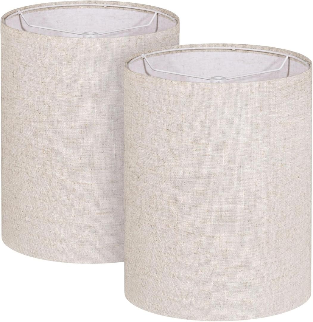 Tall Lamp Shades Set of 2, 10" Top X 10" Bottom X 13" High Large Drum Lampshades for Table Lamps Floor Lamp, Beige Line Fabric Lamp Shades, Easy Assembly Replacement Lampshades