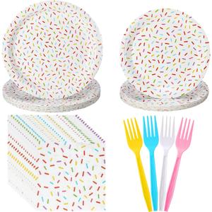 Newtay 96 Pcs Donut Plates and Napkins Party Supplies Include Sprinkles Paper Plates, 2 Ply Cocktail Napkins, Plastic Forks Disposable Tableware for Baby Shower Birthday Party Decorations for 24 Guest