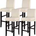 SearchI Jacquard Bar Stool Covers Set of 4, Stretch Washable Barstool Seat Covers, Counter Height Chair Covers for Kitchen Dining Room Cafe (Check Jaquard Beige)