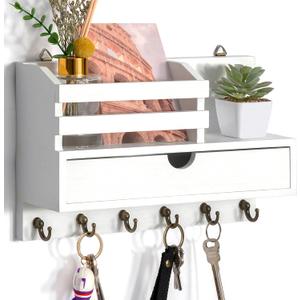 dreampossible Key and Mail Holder for Wall, Mail Organizer Wall Mount with 6 Hooks and Storage Drawer, Wooden Key Rack Hanger with Shelf for Entryway and Home Decor