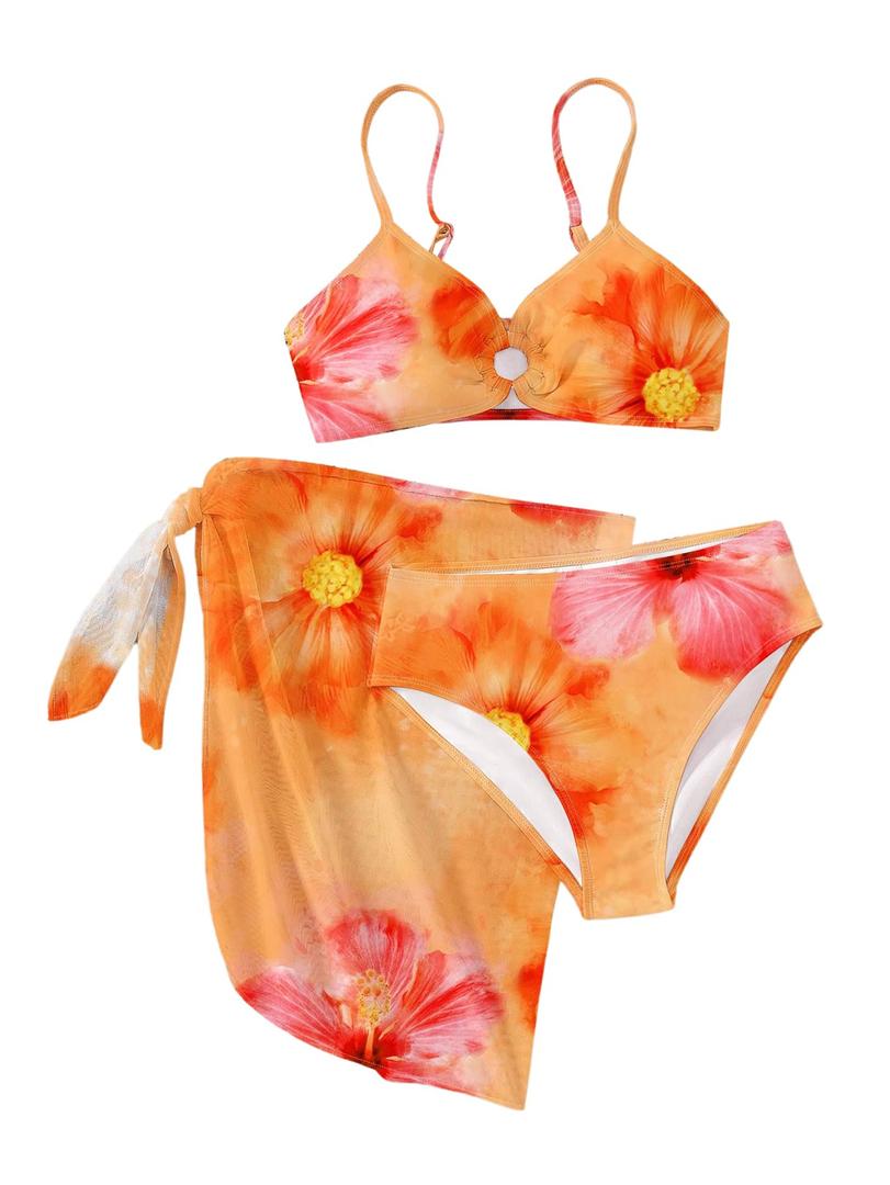 RoseSeek Girl's 3 Piece Bikini Set Floral Leopard O-Ring Swimsuit Beachwear