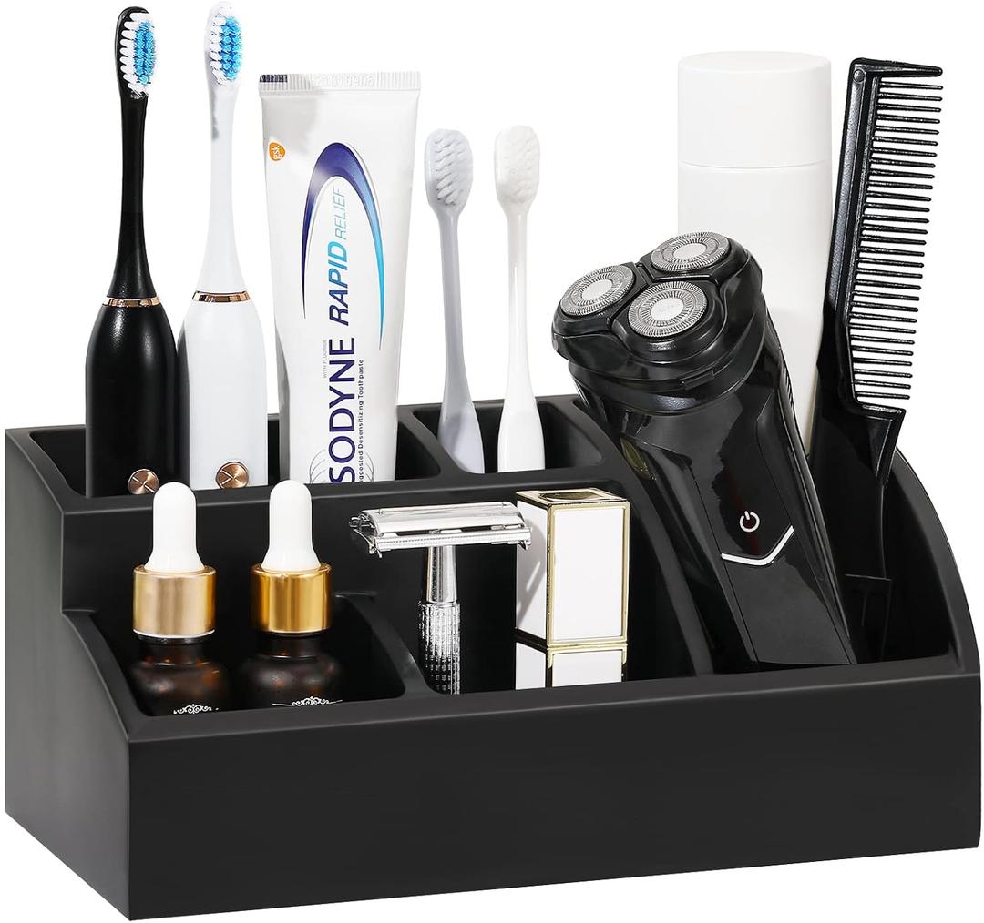 Luxspire Bathroom Counter Organizer, 5 Slots, Matte Black | Toothbrush Holder for Bathroom, Marble Bathroom Accessories for Toothbrush Toothpaste