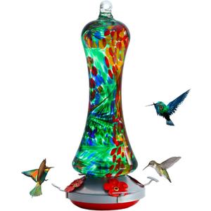 Glass Hummingbird Feeder for Outdoors: Leak Proof Hanging Hummingbirds Present for Women - Ant Moat & Hang Hook Included, Metal Base with 4 Feeding Ports & Perch, 20 Fluid Oz, Best Garden Decor