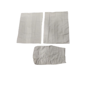 2 Pillow cases: 30" x 20"; white bag: 14" x 14"; White sheet: 106" x 80"; Fitted sheet: 55" x 80"