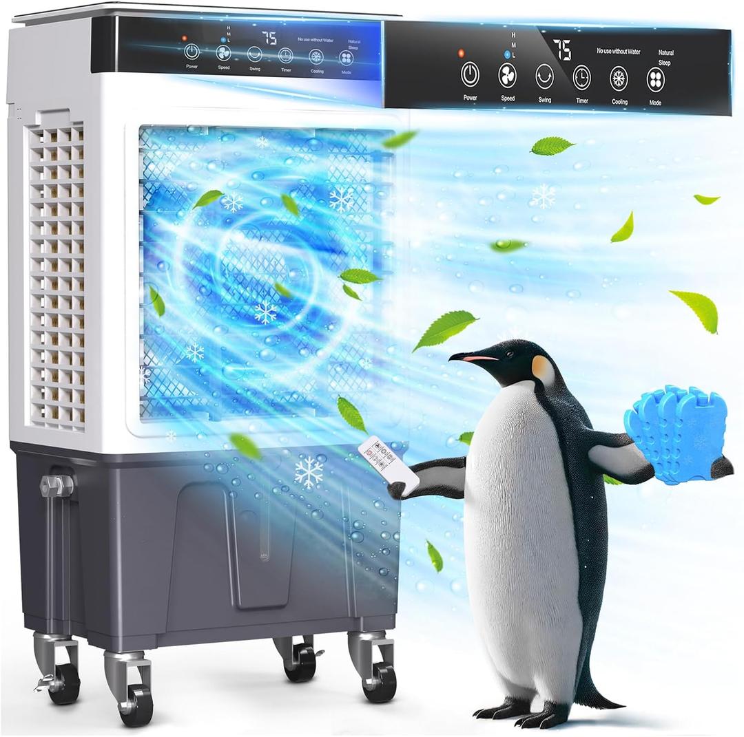 Portable Swamp Cooler Air Conditioner, 3-in-1 Evaporative Air Cooler with 6.8-Gal Tank, 3600 CFM, Ice Packs, Dry-Burn Protection, Remote with Direction Control, No Hose Required for Home & Garage