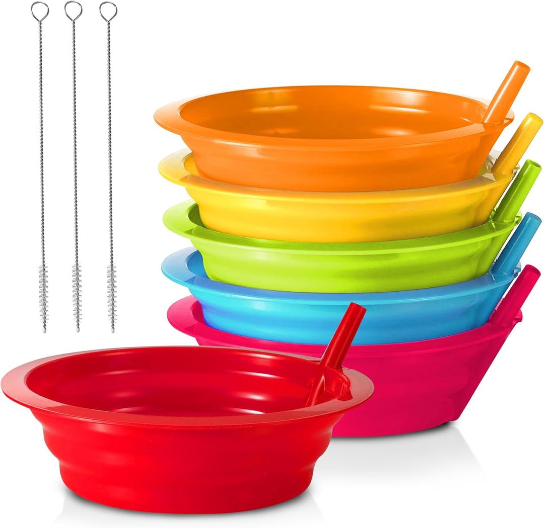 PLASKIDY Kids Cereal Bowls with Straws - Set of 6 Plastic Bowl with Straw For kids BPA Free Dishwasher and Microwave Safe - 22 Oz Toddlers Bowls with Built-In Straws Includes 3 Cleaning Brushes