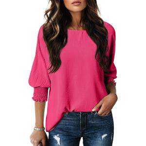 Dokotoo 3/4 Length Sleeve Womens Tops Dressy Casual Blouses Boat Neck Batwing Babydoll Top (Pink, XL)