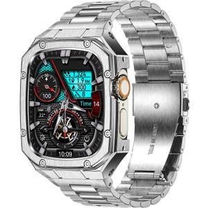 BAITEYOU Stainless Steel Watch Band with Case Compatible with Apple Watch Ultra 3 2 1 band (49mm), Rugged Strap with Metal Protective Bumper Cover for iWatch Bands Men (Silver)